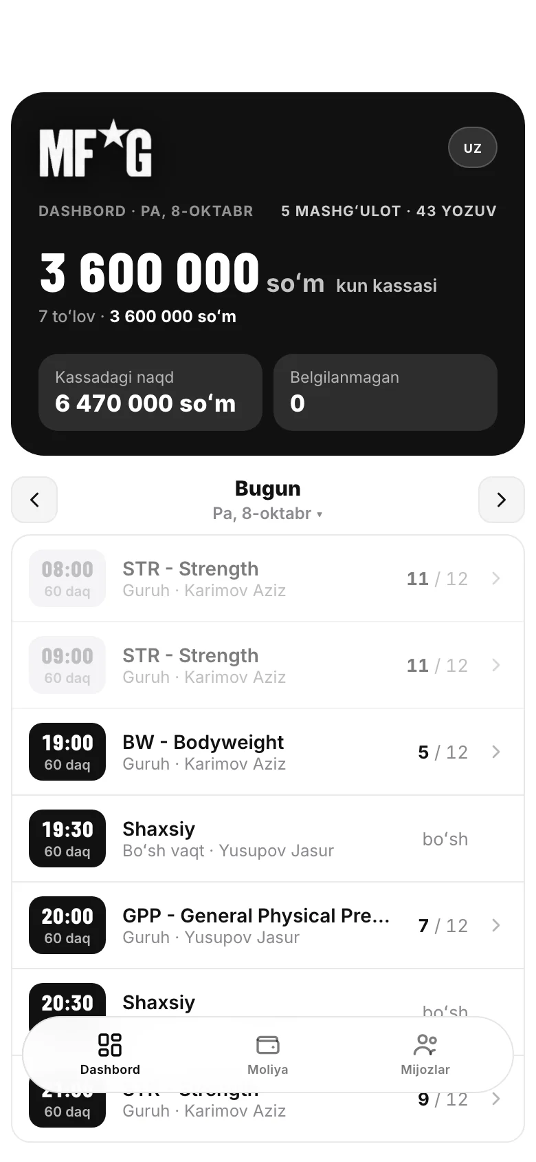 myfgym administratori paneli: kunlik kassa va jadval