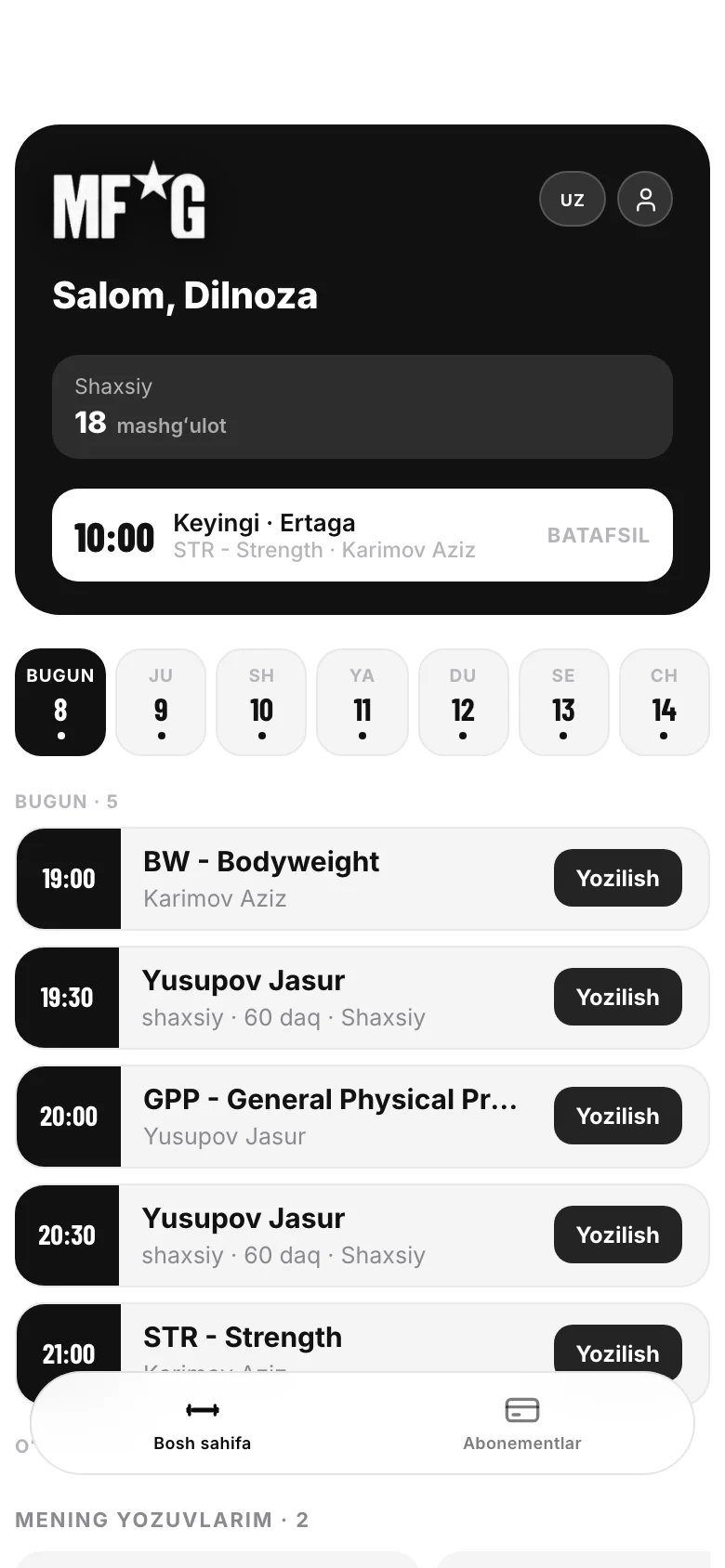 myfgym mijozi bosh ekrani: keyingi mashgʻulot va yozilish