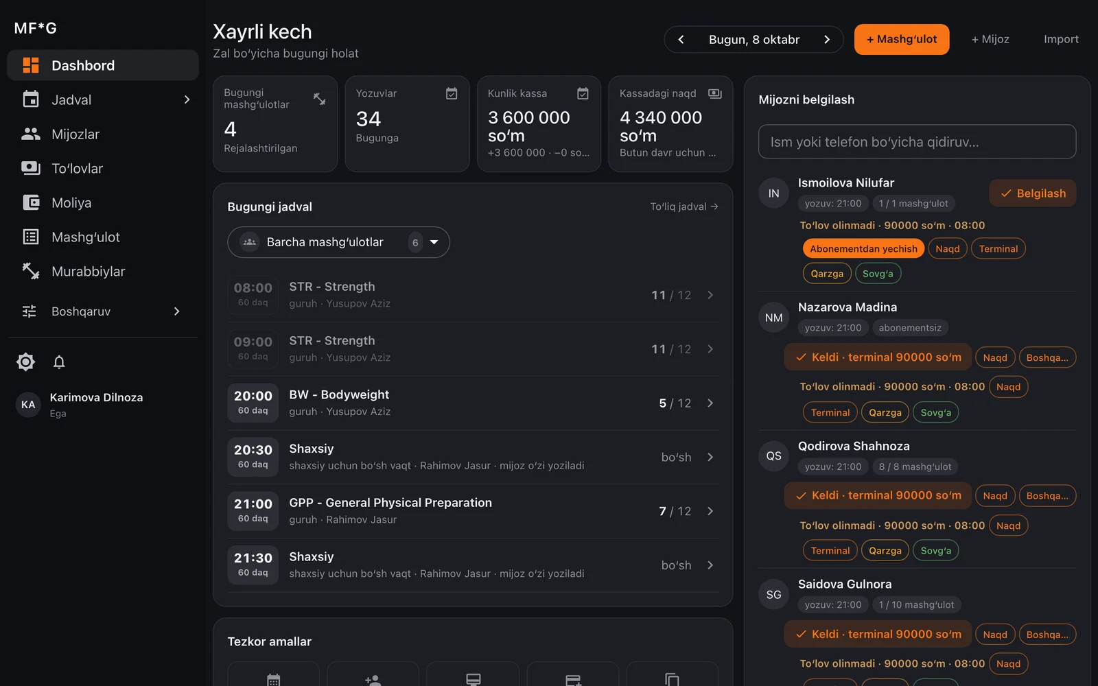 myfgym CRM kompyuterda: kunlik jadval va mijozlarni belgilash