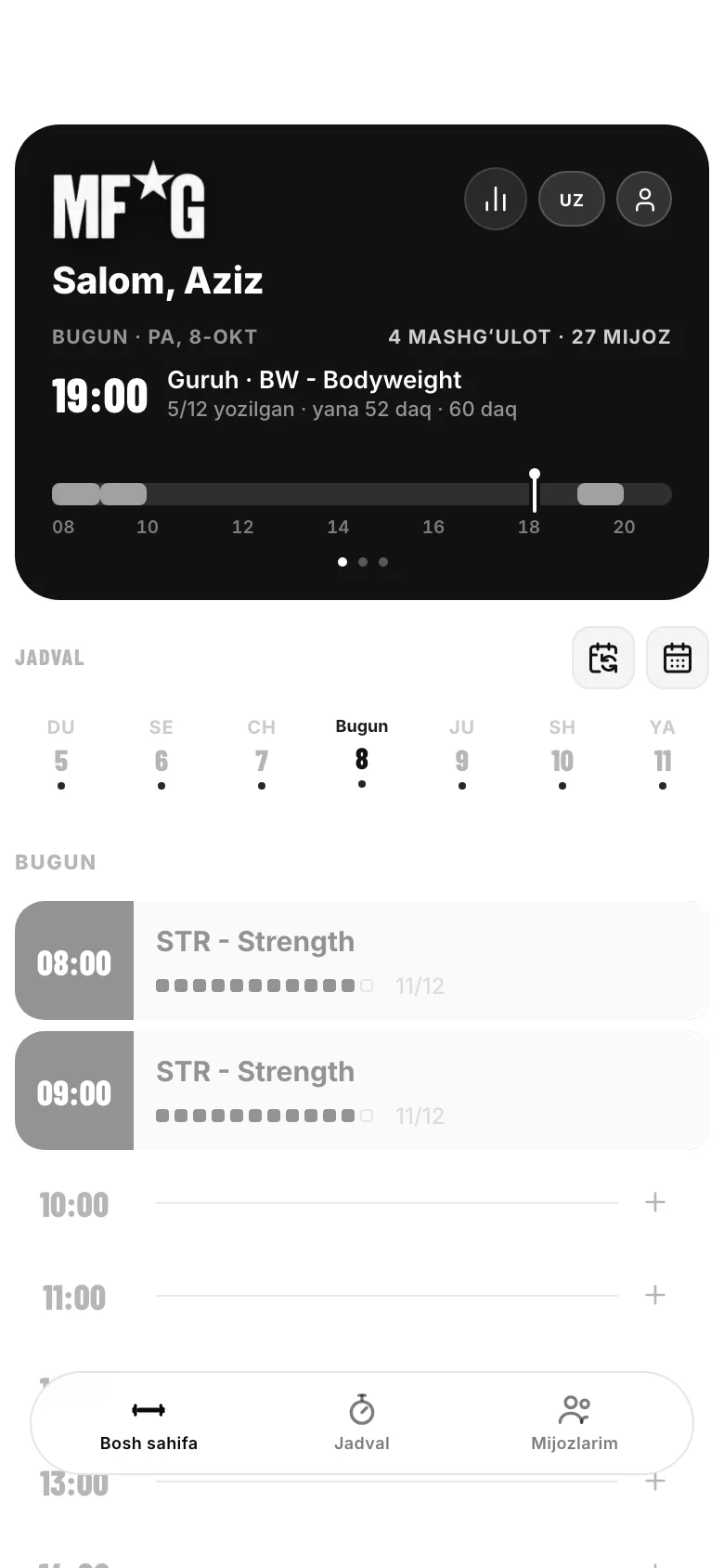 myfgym murabbiyi bosh ekrani: kun va oʻz mashgʻulotlari