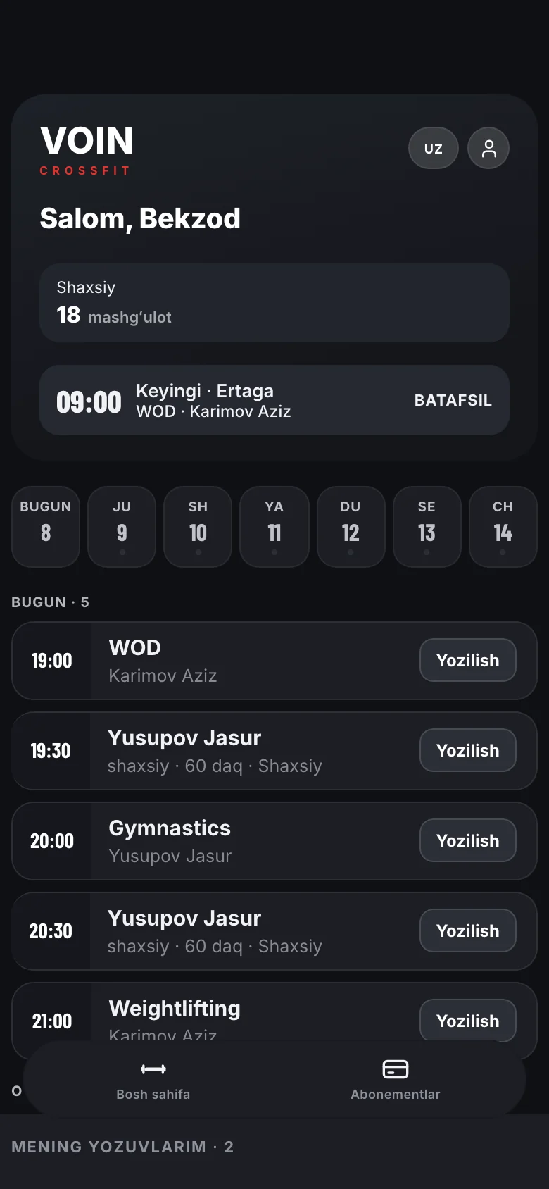 VOIN mijozi bosh ekrani: keyingi mashgʻulot va yozilish
