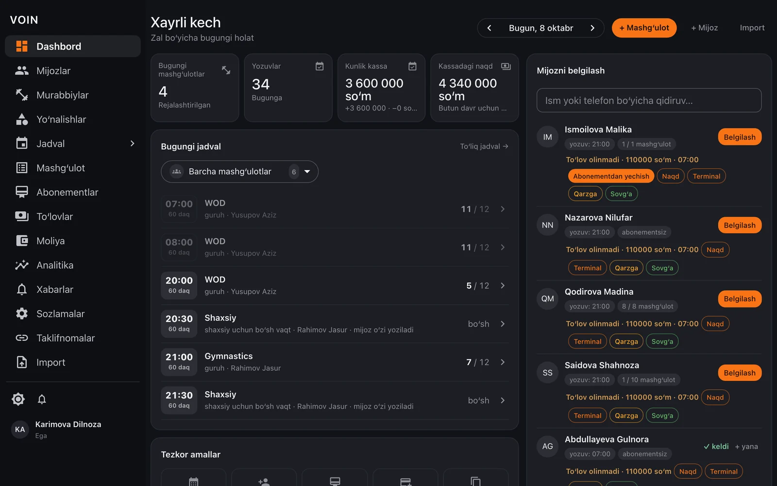 VOIN CRM kompyuterda: kunlik jadval va mijozlarni belgilash